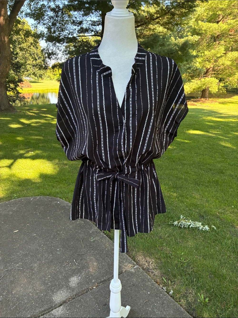 Black Stripe Tie-Waist Women's Top